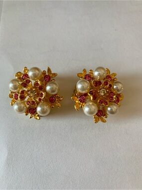 Ivana  Gold Floral Clip Earrings with Pink Crystals and Ivory Pearls